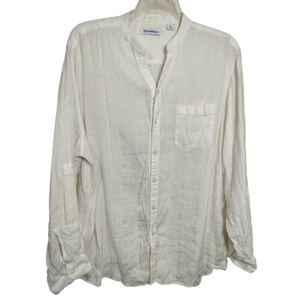 5548)Carribean Men XL White Linen Rayon Long Sleeve Button Down Relaxed Shirt